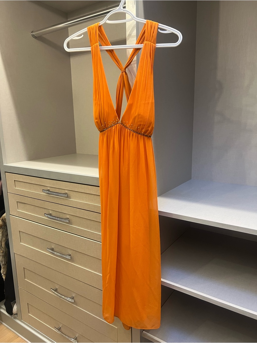 BCBG Vibrant Orange Plunging Maxi Dress with Crossed Back